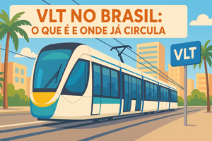 lustração de VLT circulando em cidade brasileira com fios aéreos, trilhos e cenário urbano